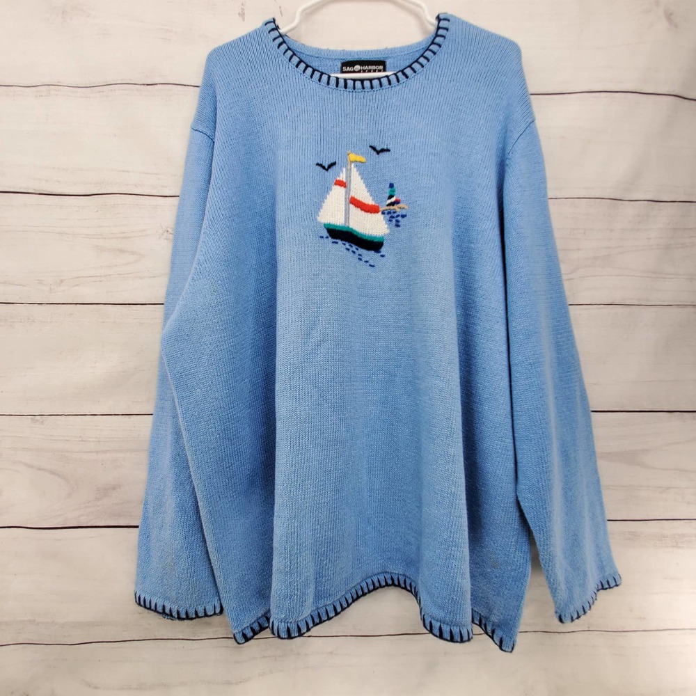 Vintage Blue Crew Neck Sweater with Sailboat Design